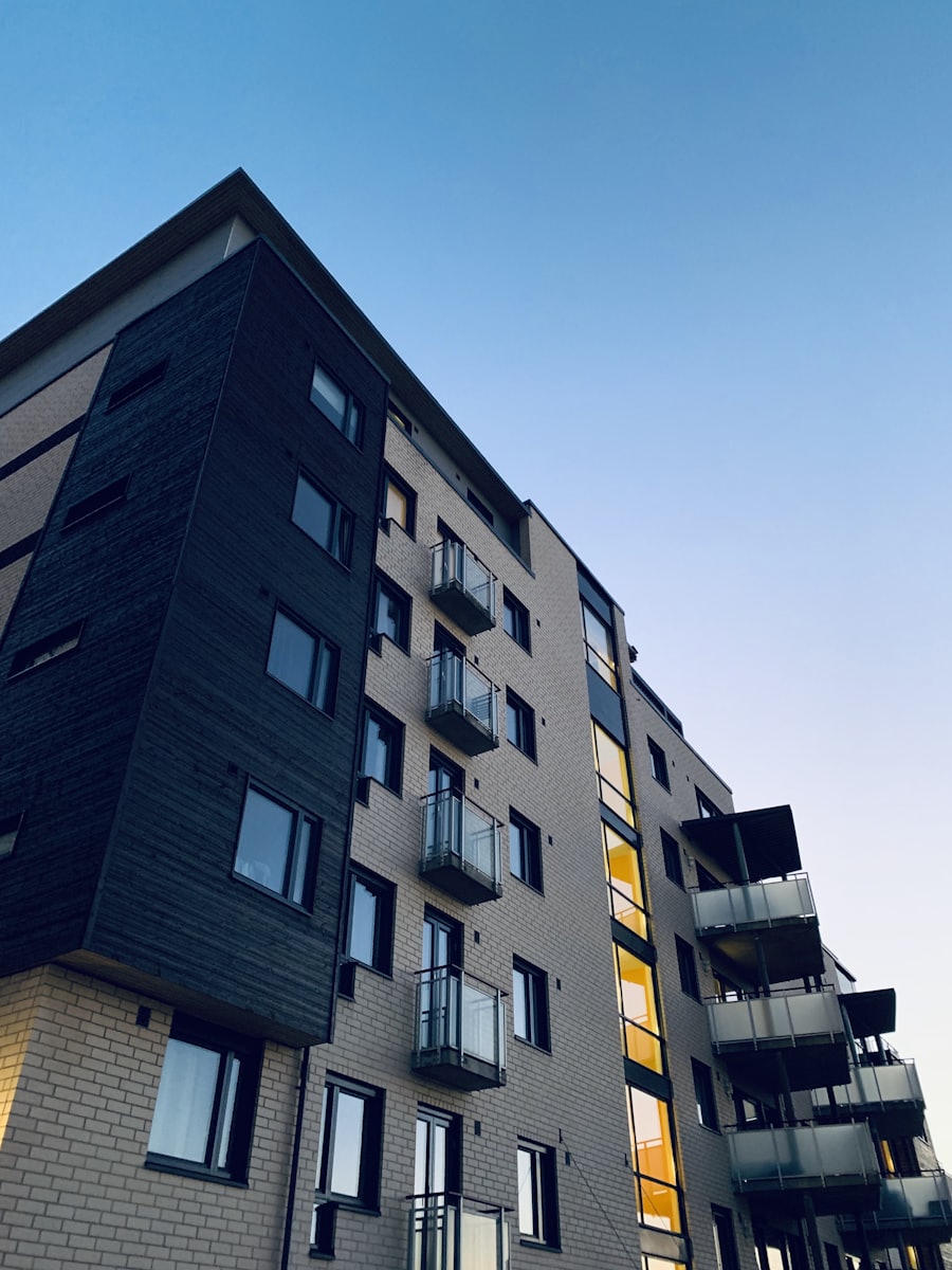 A modern residential apartment building with balconies