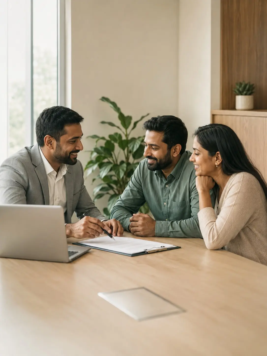 A Spotto Finance broker going through loan paperwork with a Tamil couple at the Dandenong office