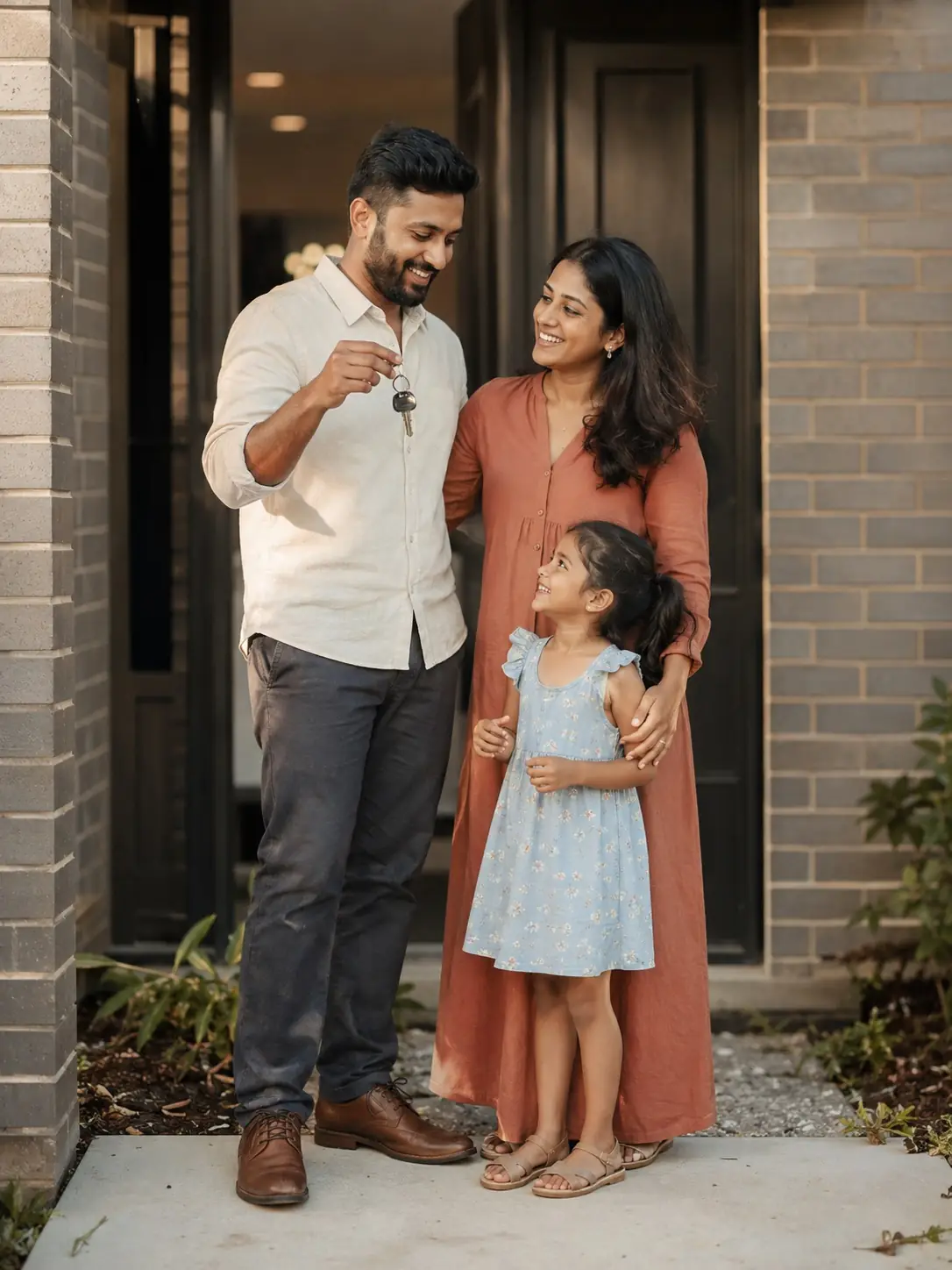 A Tamil family standing at the front door of their new Melbourne home, holding the keys